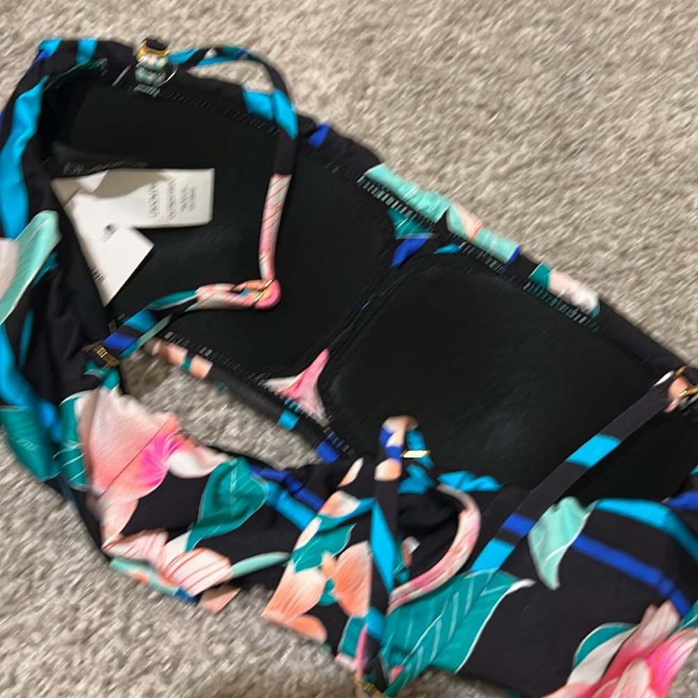 NWT $83 La Blanca Tropical Bandeau Bikini Swim Swimsuit Top 4 XS Black Floral - Picture 12 of 16